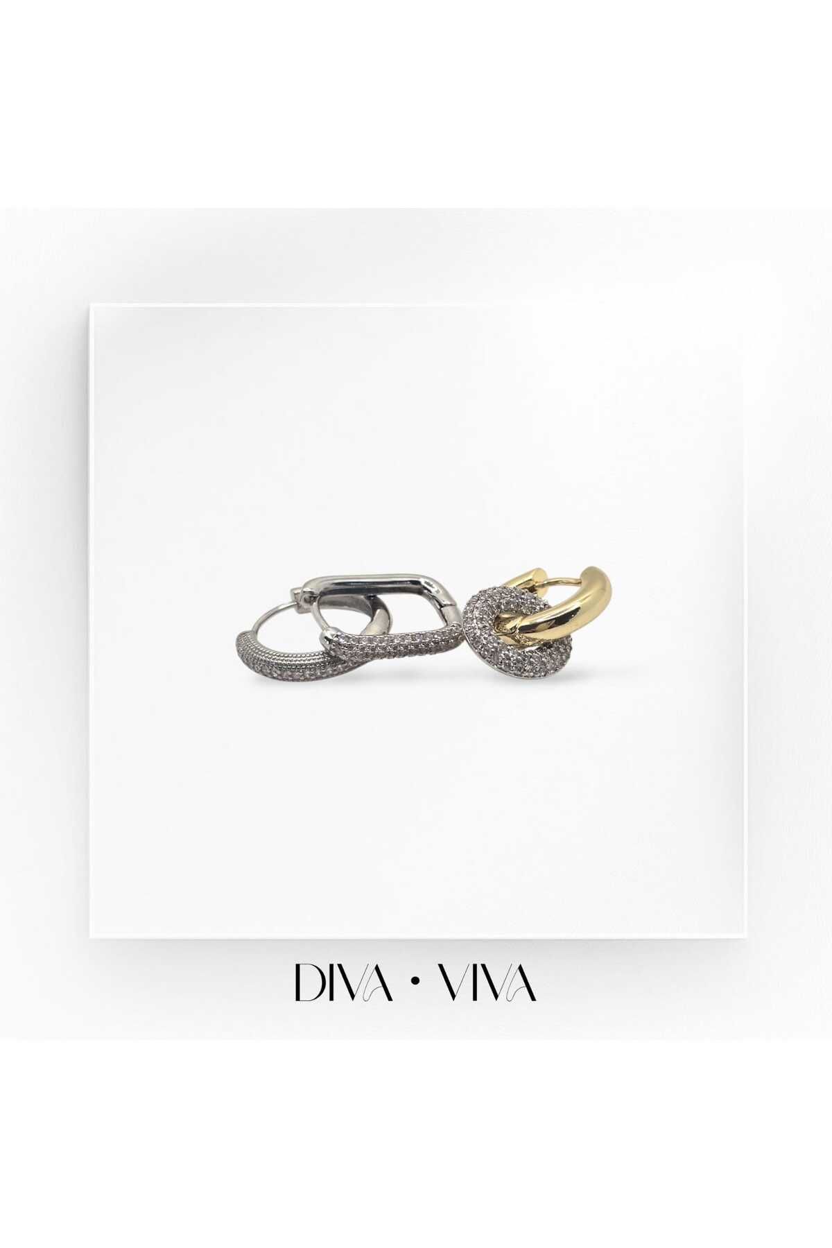 DivaViva Diva Viva - Üçlü Taşlı Silver Rings Kadın SilvaGems Küpe Seti