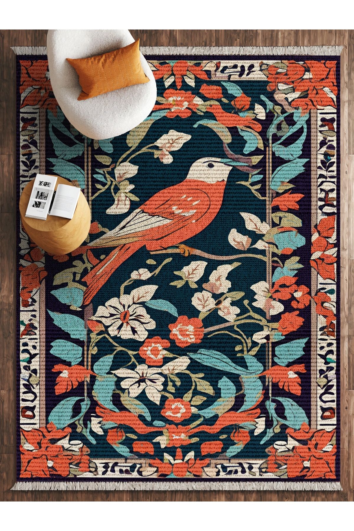 HALIZZON Turuncu Kuşlu Klasik Desenli Dijital Baskılı Halı Kaymaz Tabanlı Vintage Salon Halısı