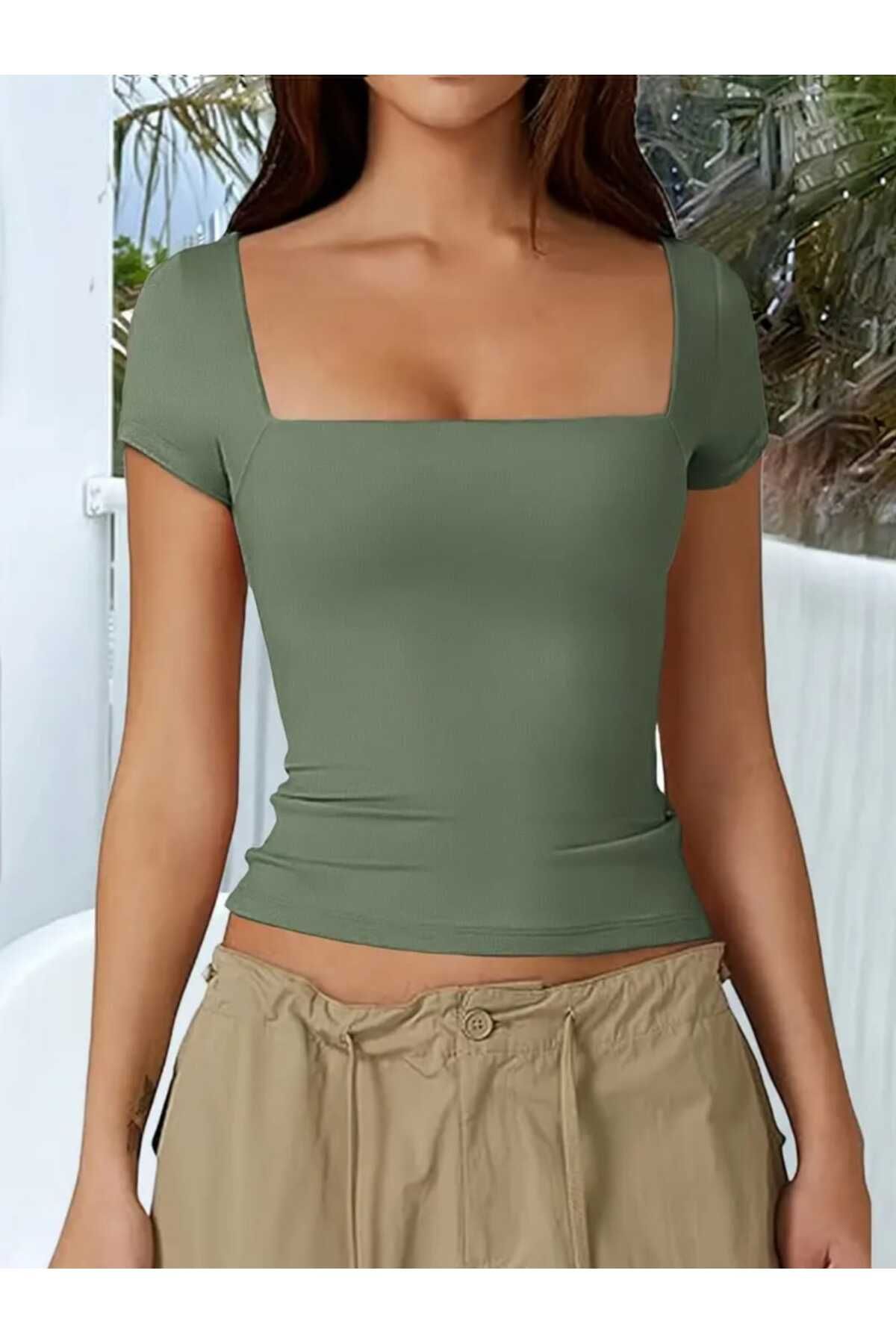 milio Kadın Kare Yaka Slim Fit Likralı Crop Kısa Kol Body T-shirt