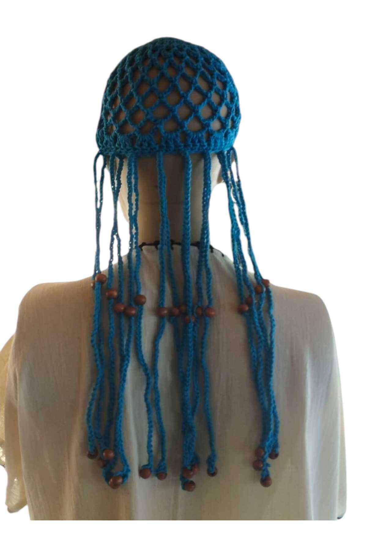 sinkop Tığ İşi File Kadın Boncuklu Saçaklı File Şapka Saç bandı Hair Crochet Cap