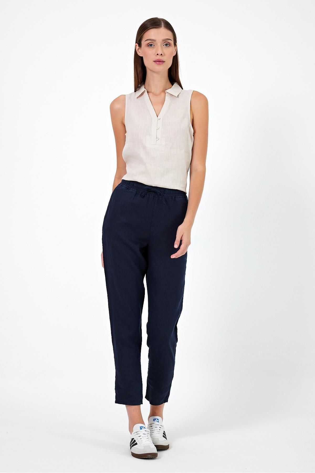 VENA Παντελόνι Παραλίας Navy Blue Alian Linen Ελαστική Μέση für Adult Γυναίκα - XS/25