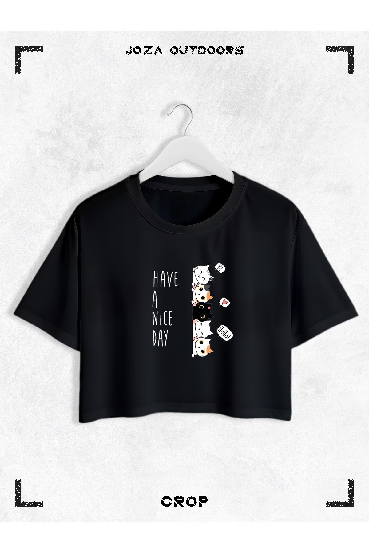 Jobia Outdoors Kadın Pamuklu Have A Nice Day Kediler Baskılı Bisiklet Yaka Oversize Salaş Kesim Crop T-shirt