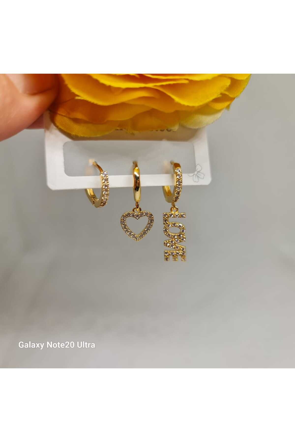 Store 316l Zirkon Taşlı Love Desenli Paslanmaz Çelik Gold Küpe