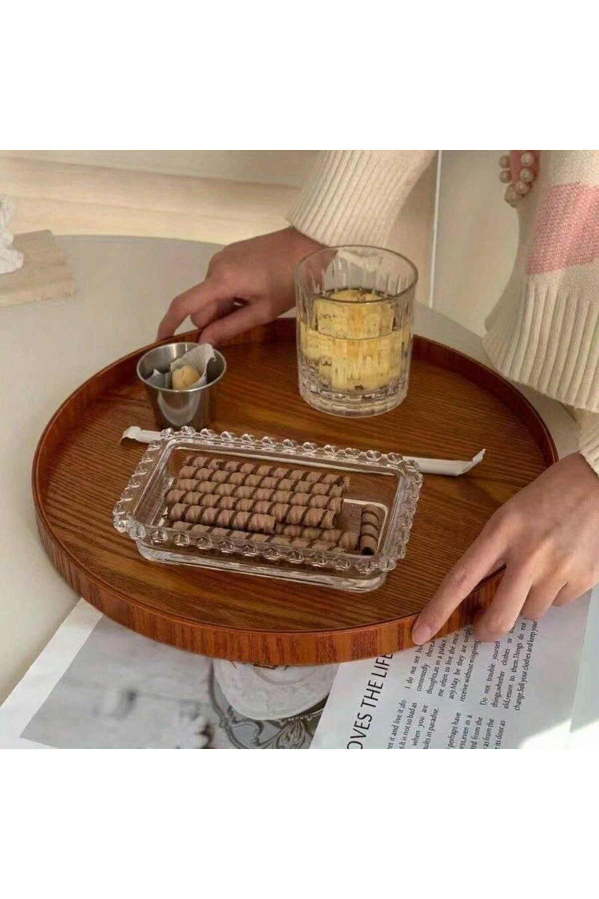 صينية تقديم خشبية مفردة، طبق خشبي دائري، صينية تقديم شاي وقهوة، أدوات مائدة خشبية باللون البني