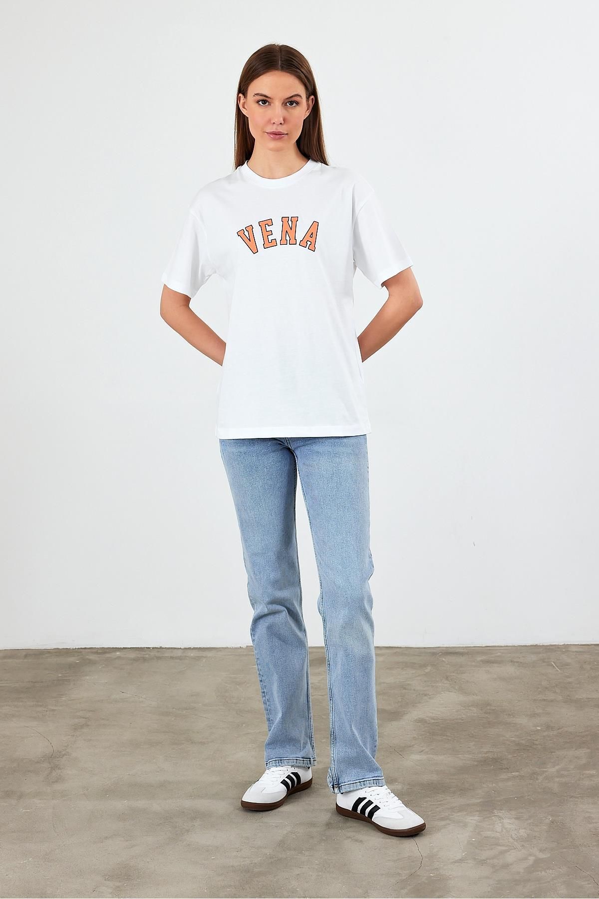 VENA-Tricou cu decolteu rotund cu imprimeu jeans - alb 2