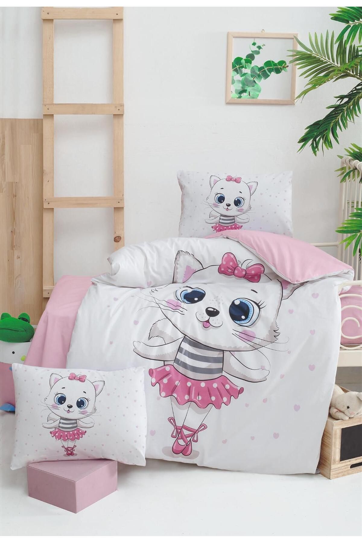 mia mia Balerin Kedi Desenli Bebek Nevresim Takımı - %100 Pamuk
