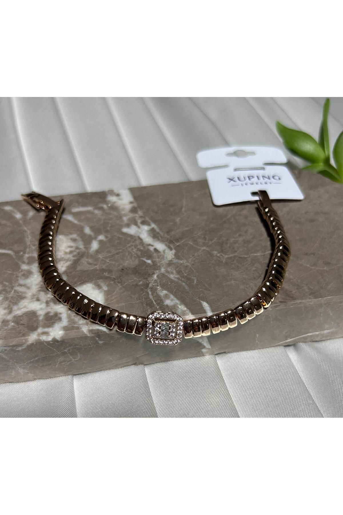 soleah Kadın ROSEGOLD Çelik Baget Plaka ZİRKON TAŞLI Bileklik