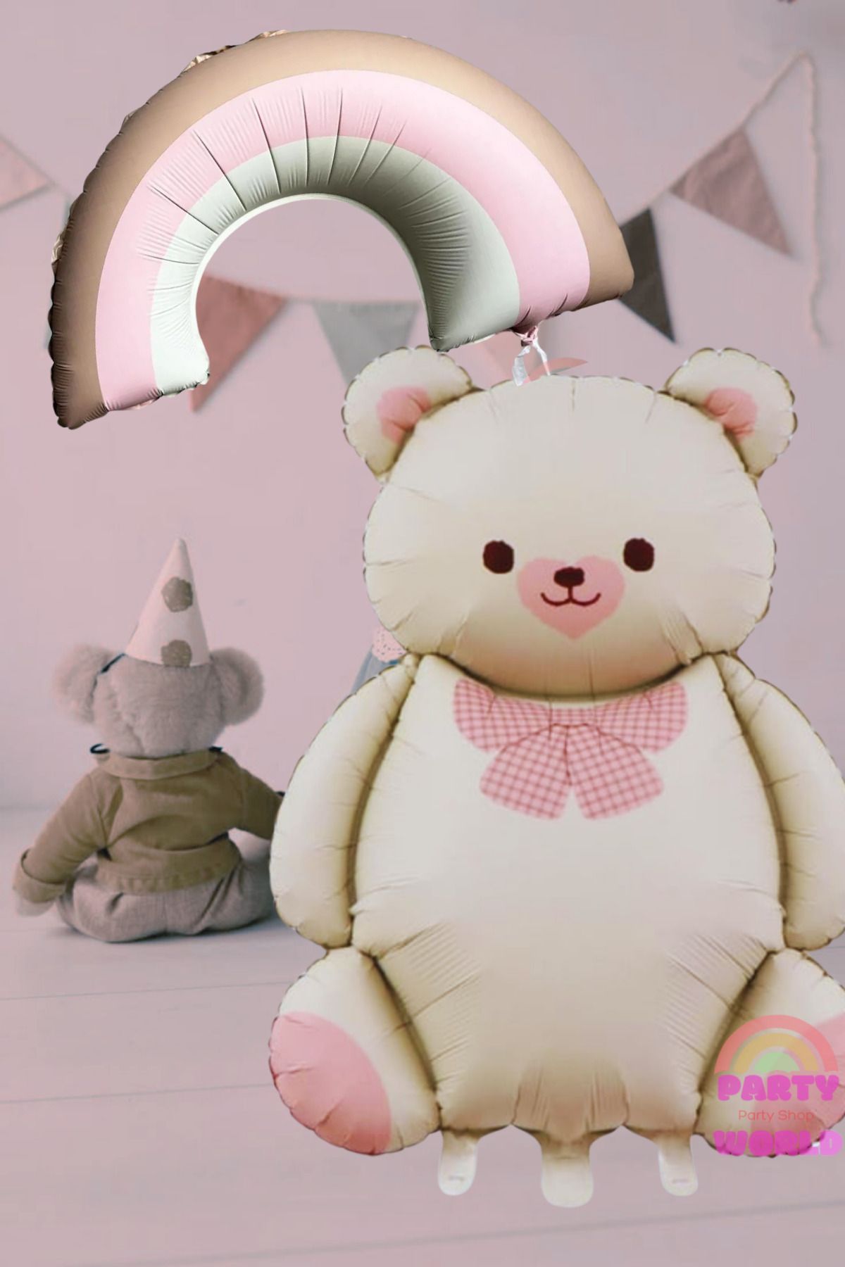 party world Ayıcık Krem & Gökkuşağı Retro Pembe Folyo Balon Seti