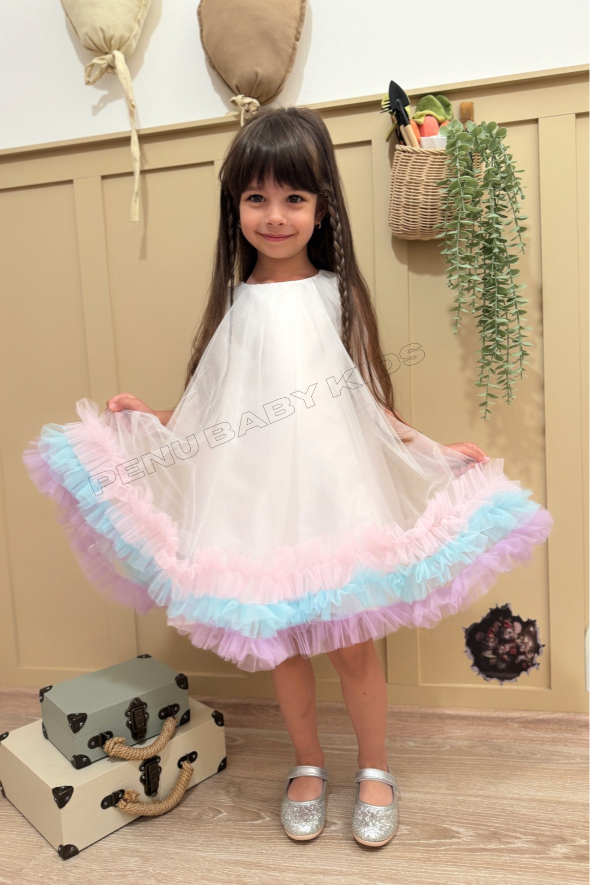 penu baby kids Beyaz Etek Ucu Renkli Fırfırlı Parlak Saten Üstü Kloş Tül Jile Kız Bebek & Kız Çocuk Elbise - Donna fotoğrafı 6 (önizleme)