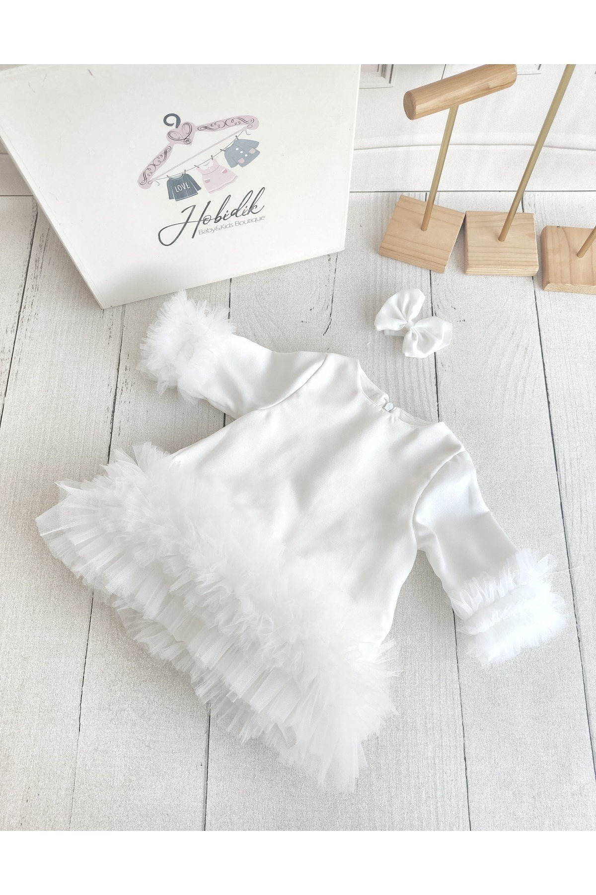 Hobidik Kız Bebek Çocuk Uzun Kol Beyaz Tüllü Saten Elbise fotoğrafı 3 (önizleme)