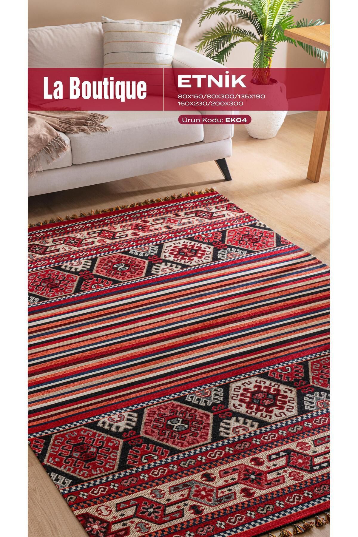 La Boutique BB ETNİK EK04 Kaymaz Tabanlı Etnik Kilim – Saçaklı Boho Stil Dekoratif Kilim