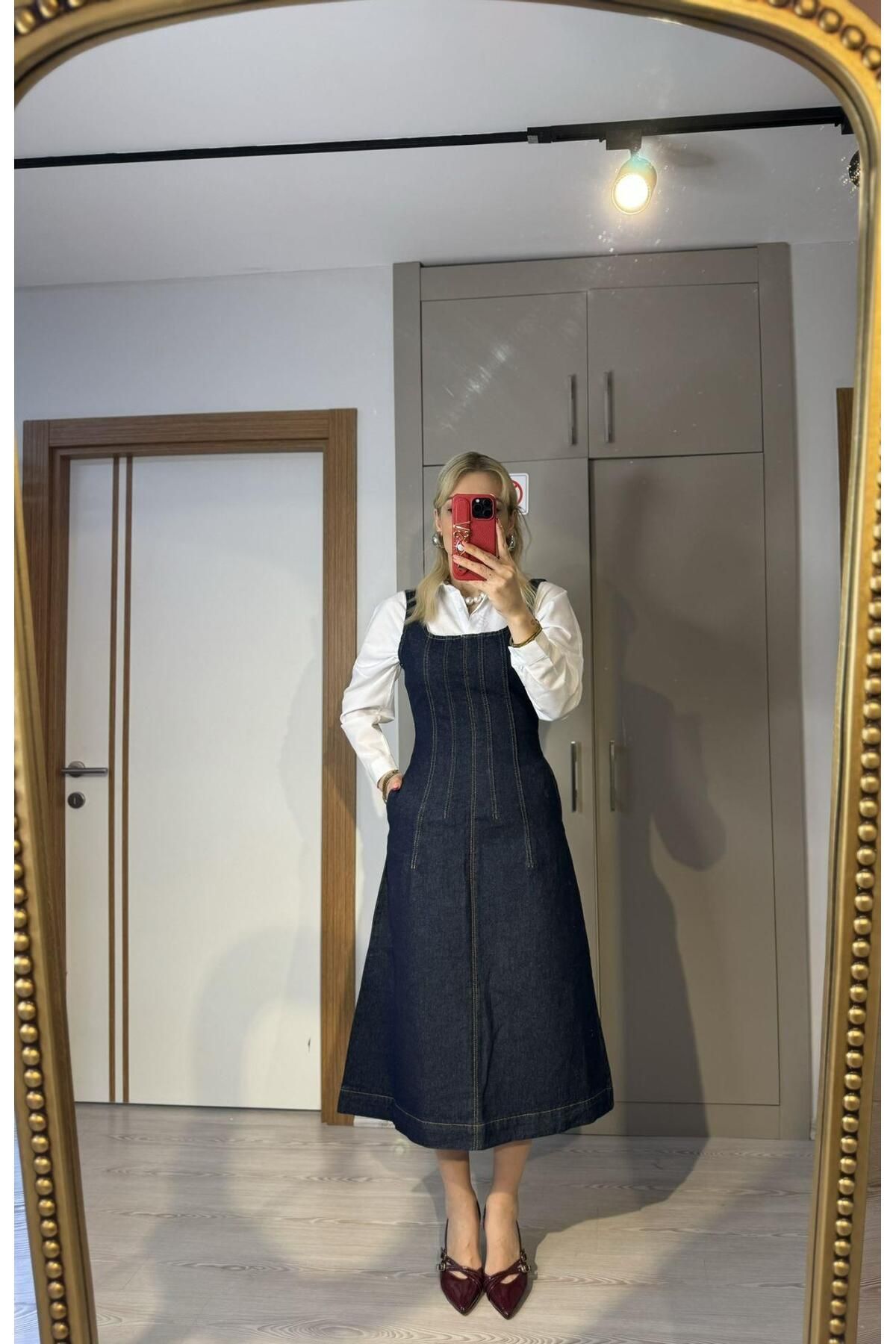 SEVA TEKSTİL Askılı Denim Elbise Mavi