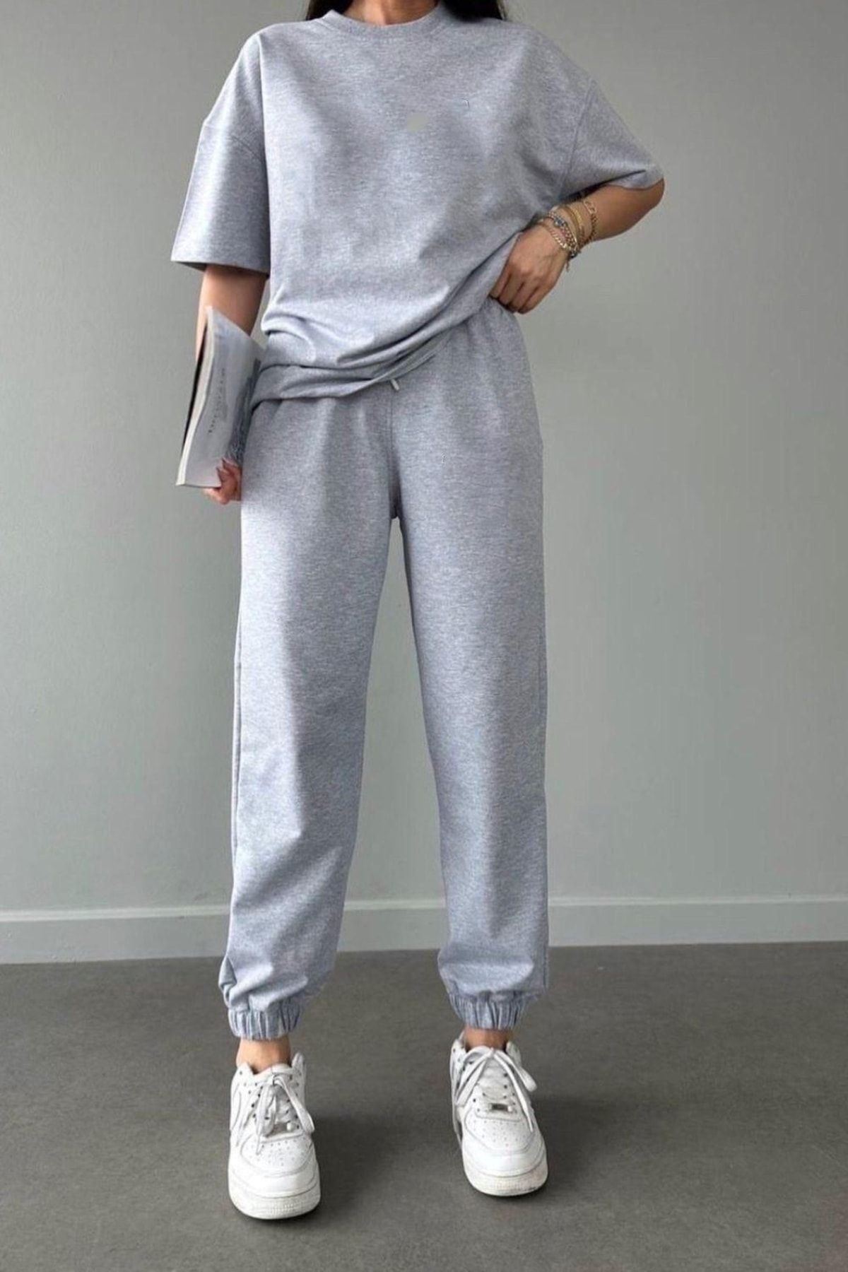 DUBU BUTİK Basic T-shirt Eşofman Altı Jogger - Gri Düz Alt Üst Eşofman Takımı Oversize Bisiklet Yaka görsel 3
