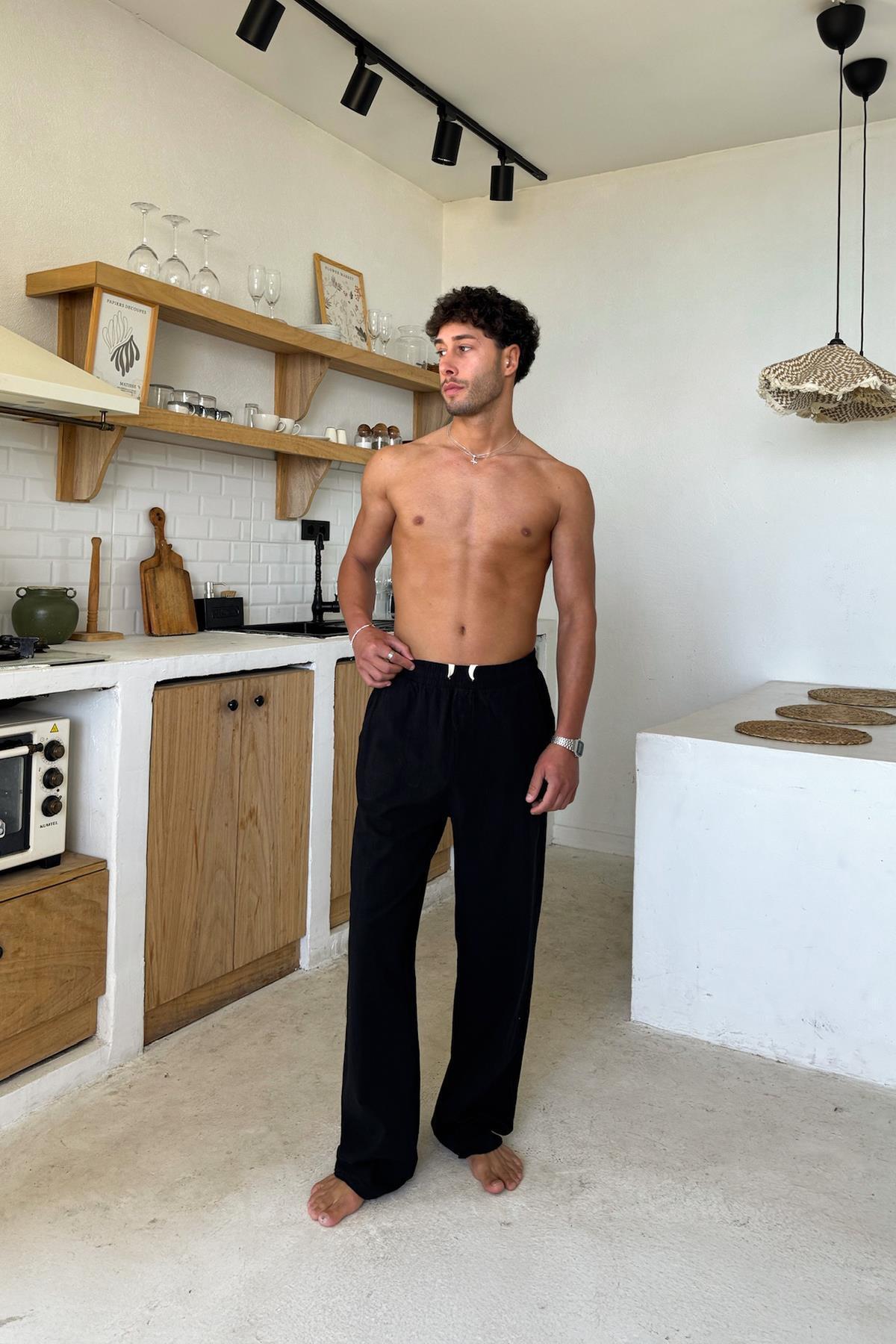 Flaw Wear  Bel Lastikli Rahat Kesim Keten Pantolon Siyah - Görsel 4