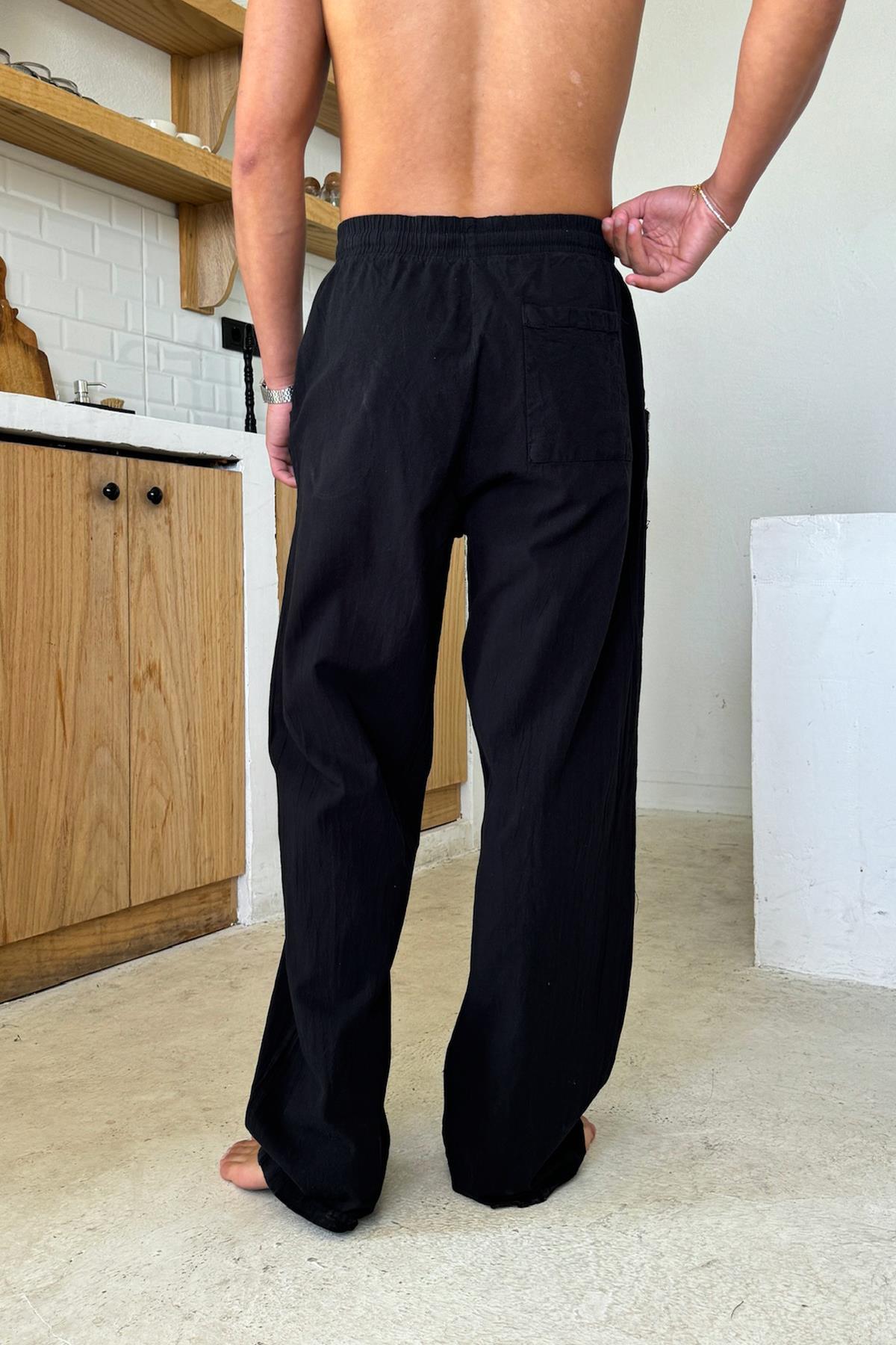 Flaw Wear  Bel Lastikli Rahat Kesim Keten Pantolon Siyah - Görsel 3