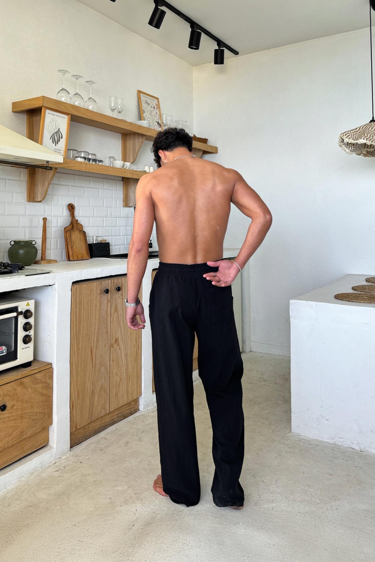 Flaw Wear  Bel Lastikli Rahat Kesim Keten Pantolon Siyah - Görsel 5