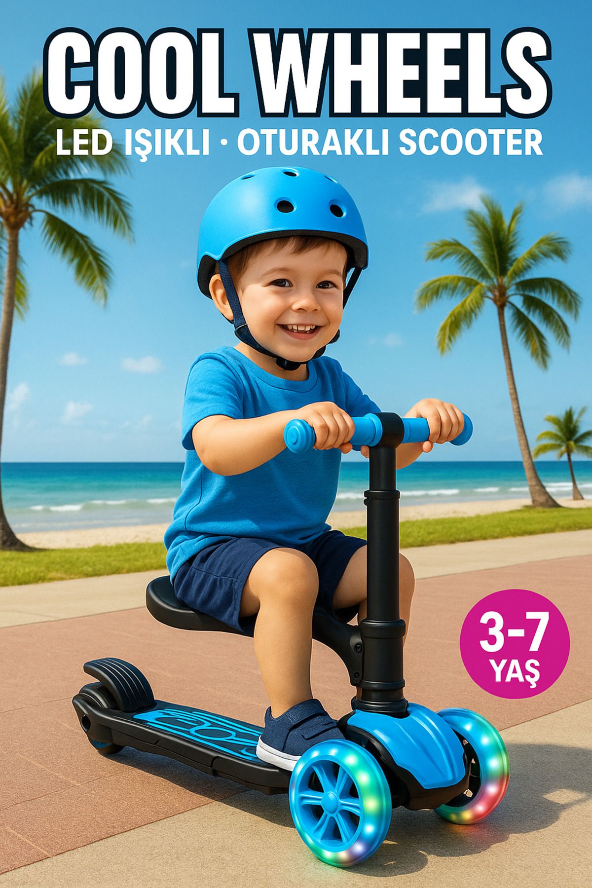 Scooter Oturaklı 3 Tekerlekli | Led Işıklı, Katlanabilir Combo , 3-7 Yaş Mavi