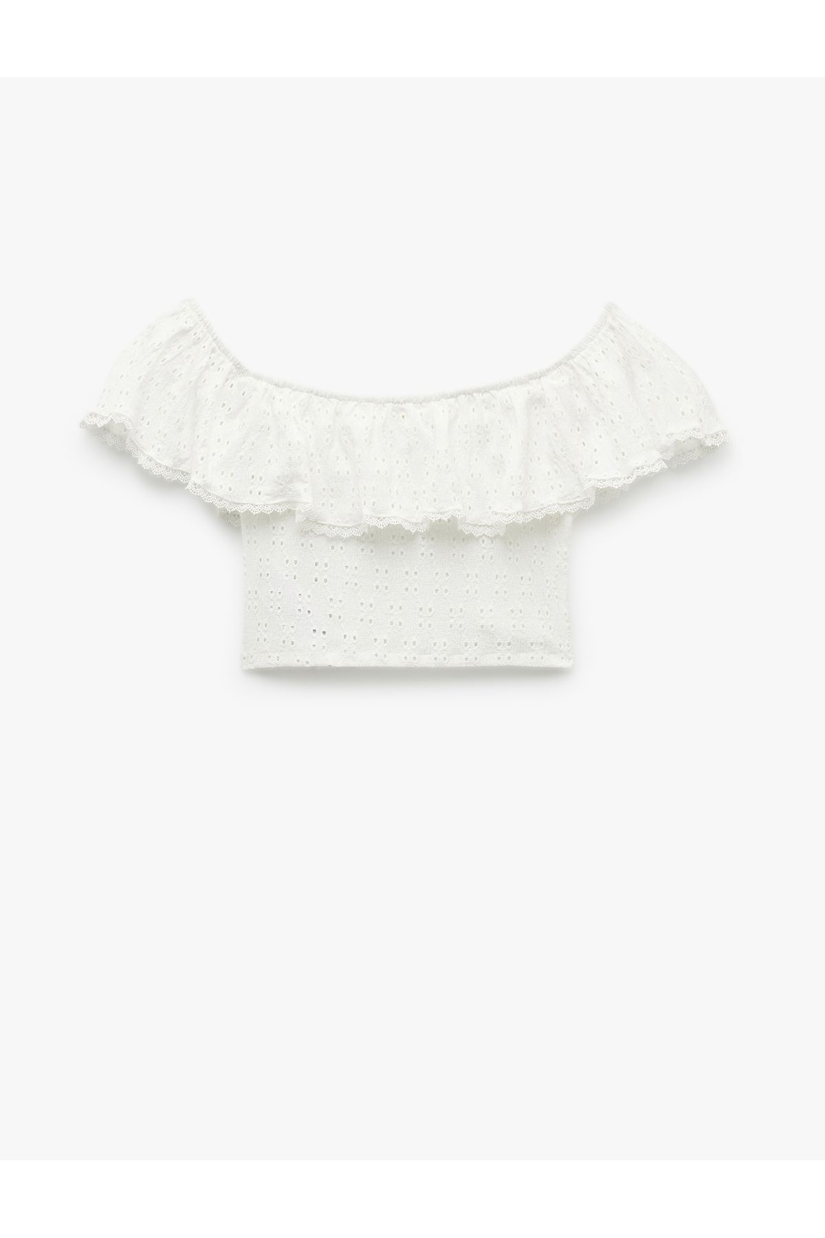 Koton-Sleeveless Lined Slim Fit Scalloped Embroidery Ruffle Off-The-Shoulder Crop Blouse 4