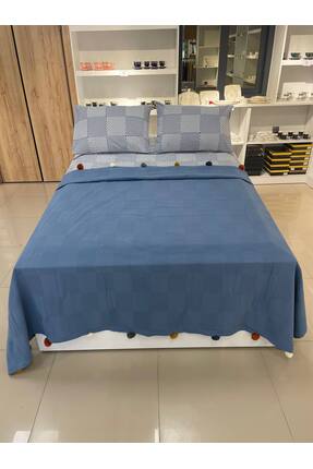 Sudemhome Çift Kişilik Ponponlu Çeyizlik Pamuklu Kutulu Pike Takımı Indigo