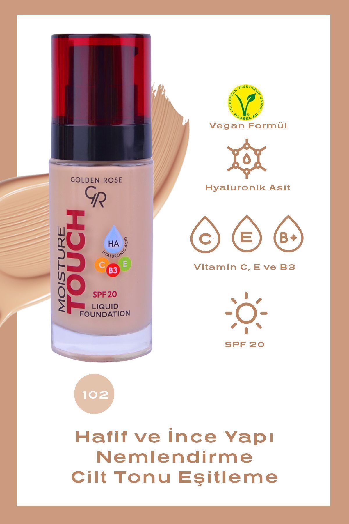 کرم پودر مرطوب کننده مویسچر تاچ شماره: 102 - کرم پودر مرطوب کننده هیالورونیک اسید SPF 20 - 30 میلی لیتر — سفید P-MLF