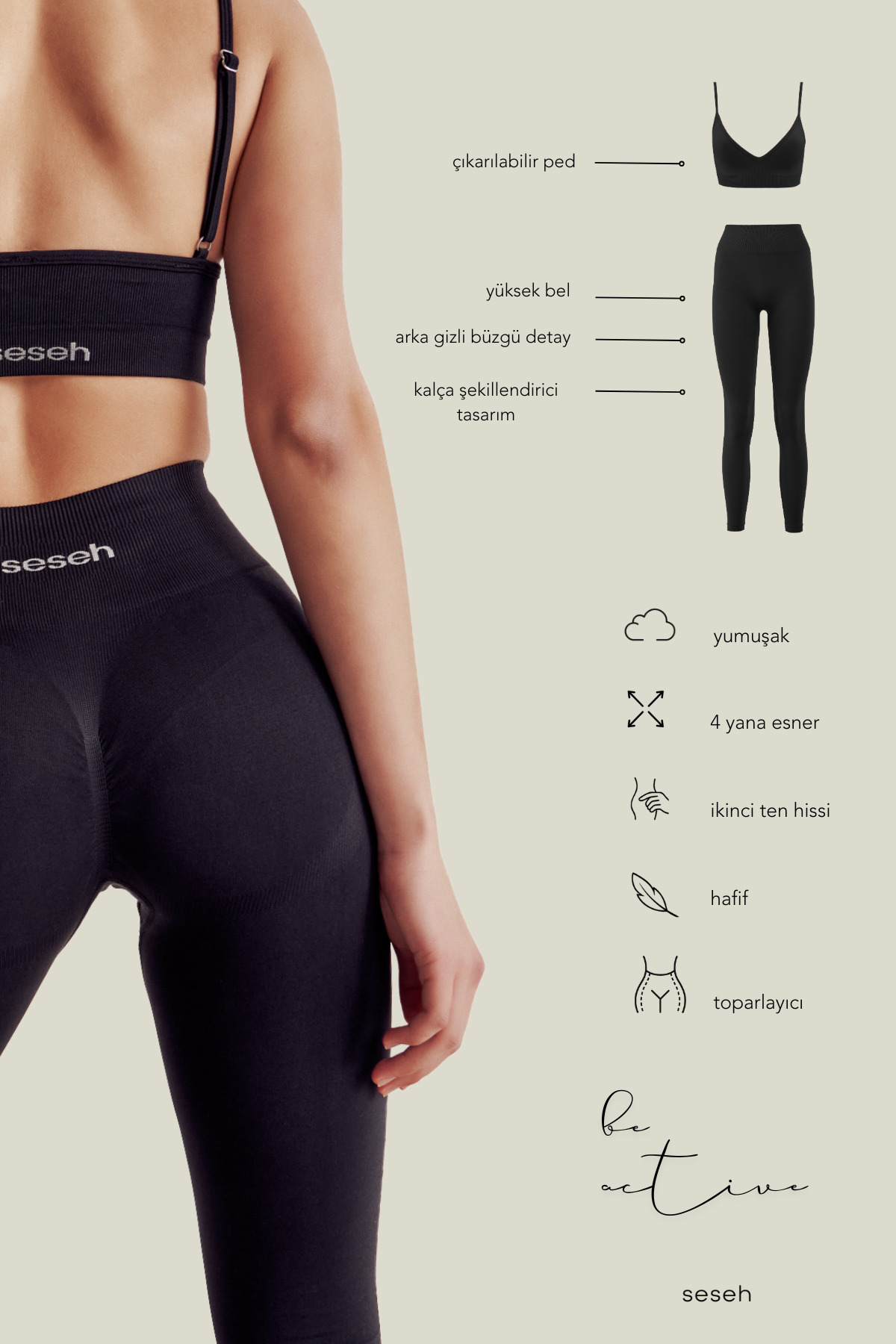 SESEH  Siyah Toparlayıcı (Push Up) Dikişsiz Seamless Scrunch Büzgülü Yüksek Bel Spor Tayt | Vita - Görsel 7