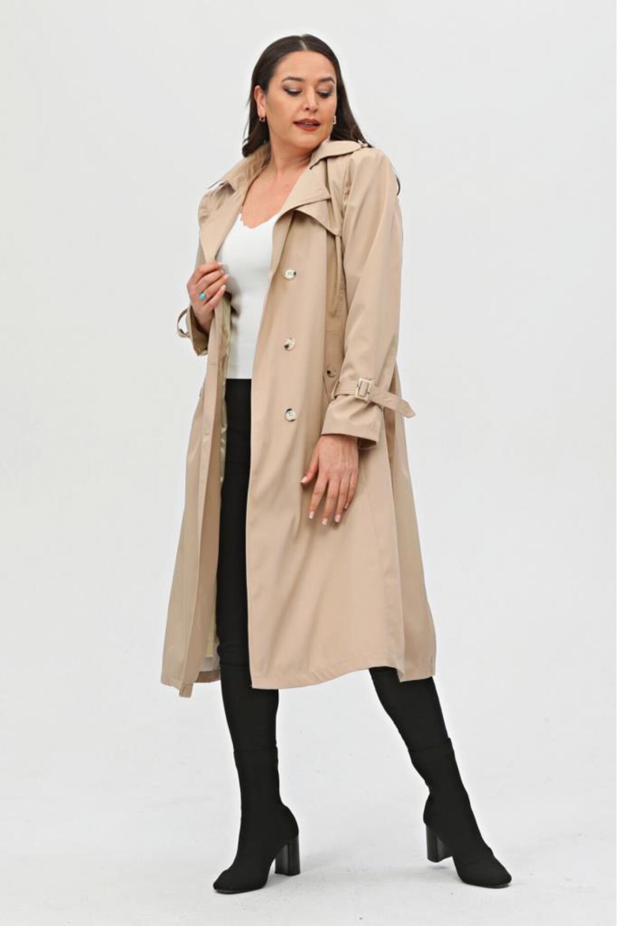 Jamila Long Plus Size Women's Lined Trench Coat- Trendyol