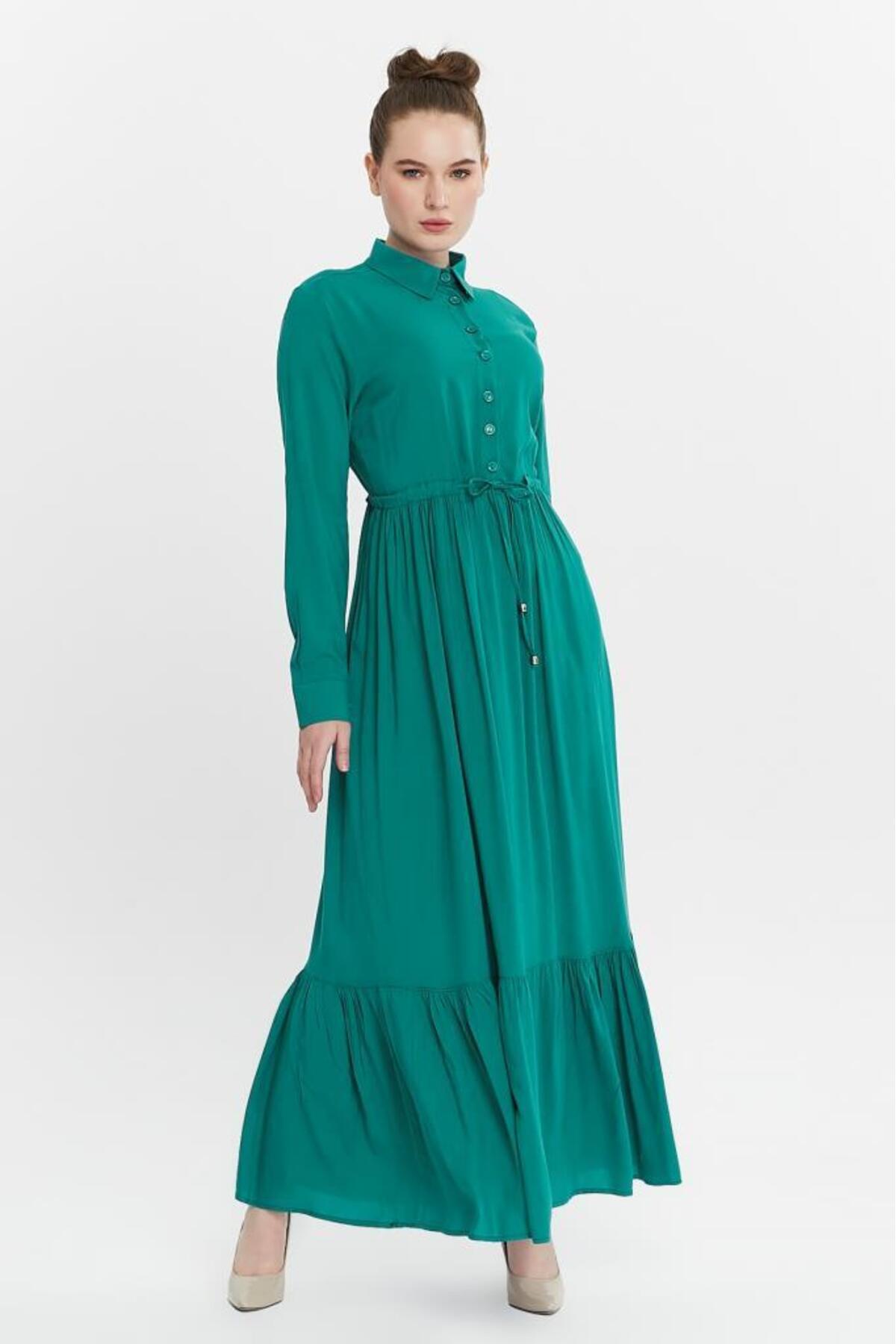 Buttoned Shirred Women's Modest Dress