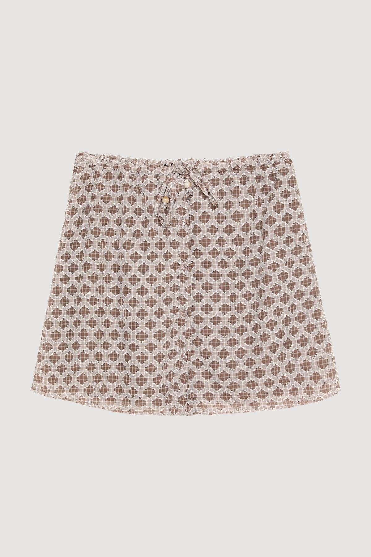 Quzu-Front Buttoned Textured Mini Skirt with Elastic Waist Brown 2