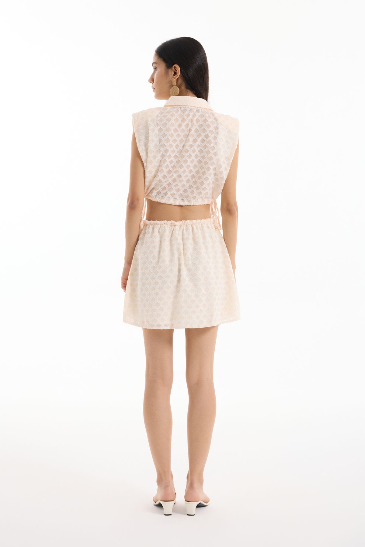 Quzu-Front Buttoned Textured Mini Skirt with Elastic Waist Ecru 5