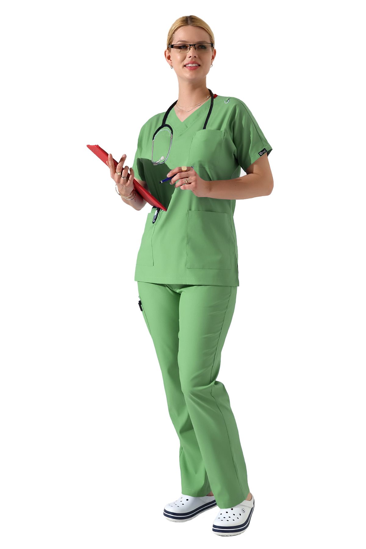 BEDUCA Mint Yeşili Likralı Dr Greys V yaka Yarasa Kol Hemşire Üniforma Takımı, Büyük Beden Kadın Scrubs