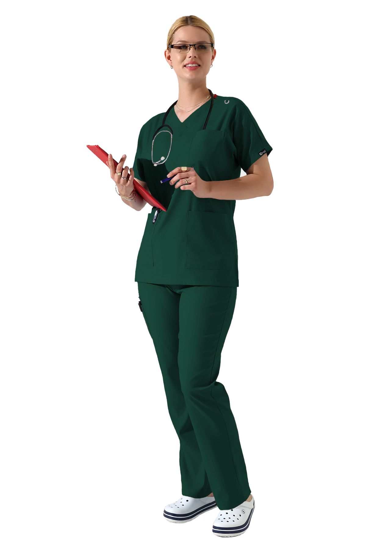 BEDUCA Yeşil Likralı Dr Greys V yaka Yarasa Kol Hemşire Üniforma Takımı, Büyük Beden Kadın Scrubs