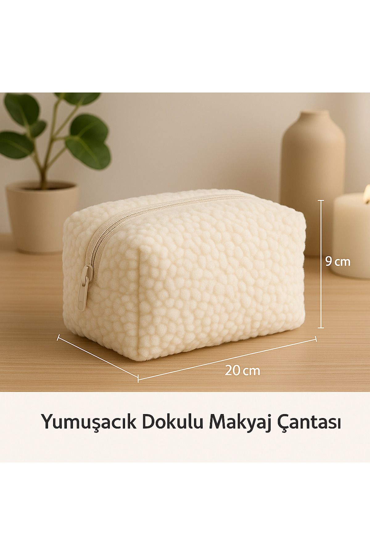 YILDIZ DİJİTAL HOME Büyük Boy Krem Peluş Makyaj Çantası - Yumuşak & Fermuarlı Organizer | Star Home’s