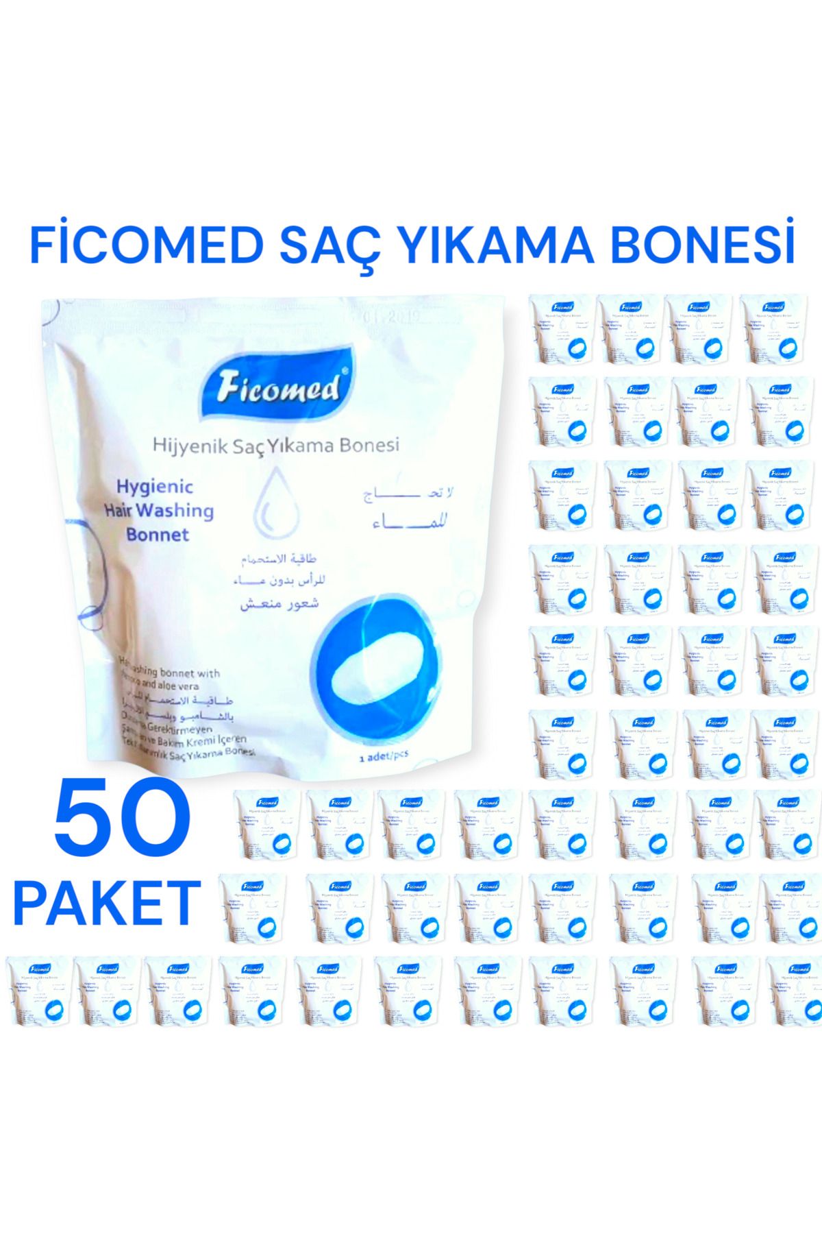 Ficomed Saç Yıkama Bonesi ( 50 PAKET ) / Hasta Banyo / Hasta Temizlik / Hasta Bakım