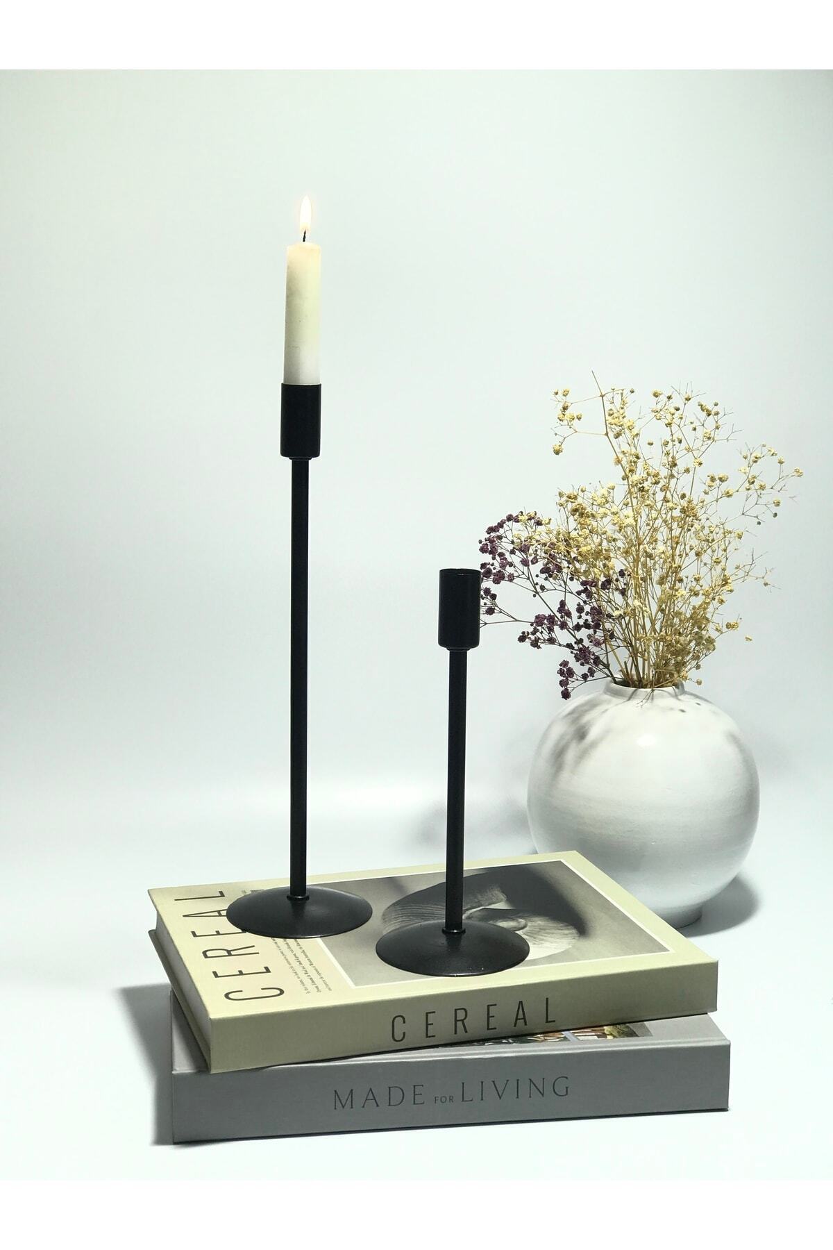 Stylish 2-Piece Black Metal Stick Candlestick and Candle Holder Set