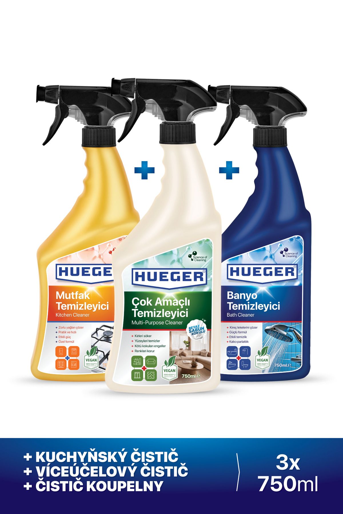 Hueger-Čistič kuchyně, víceúčelový čistič povrchů a čistič koupelen, sada 3 kusů 750 ml 1