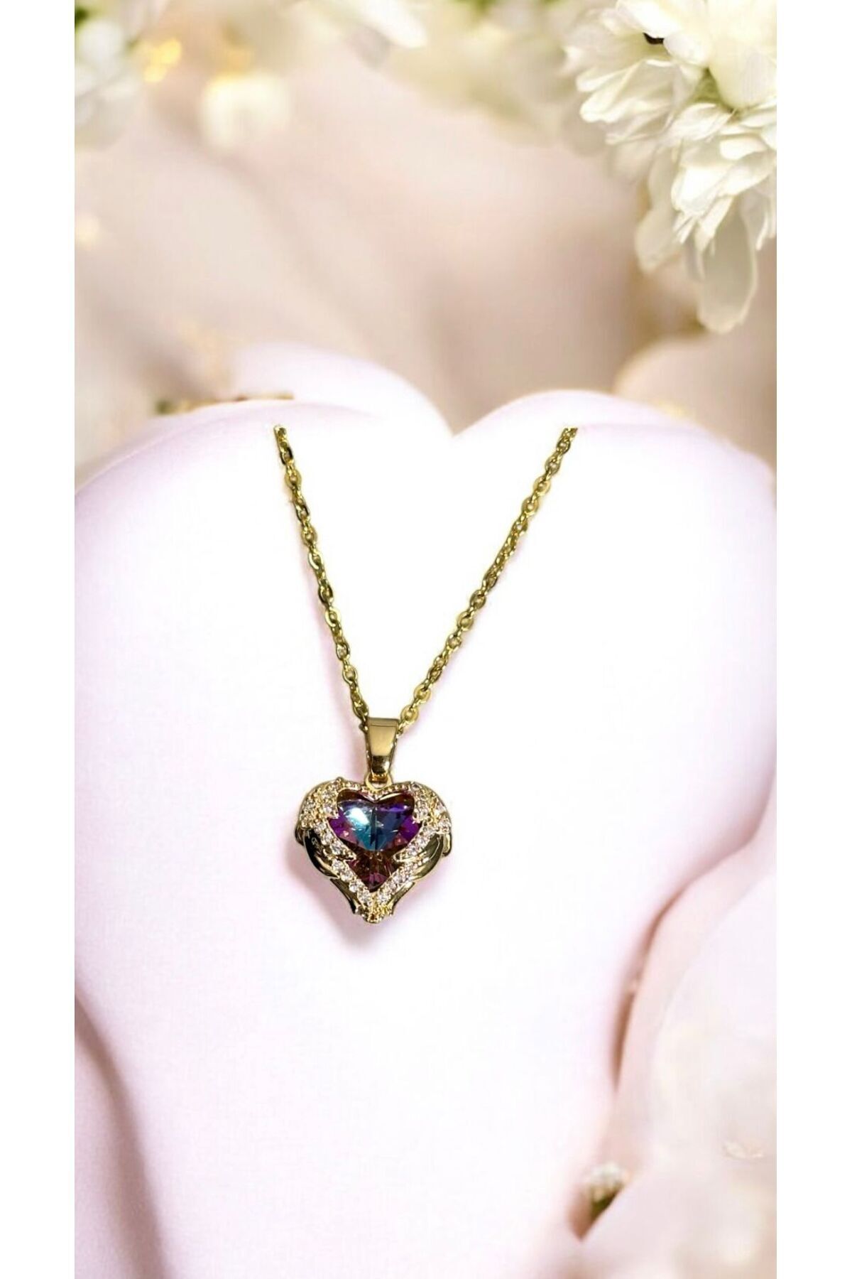 Dia store Kadın Gold Paslanmaz 316L Çelik Kristal Mor Zirkon Taşlı Okyanusun Kalbi Işıltılı Aşk Kalpli Kolye