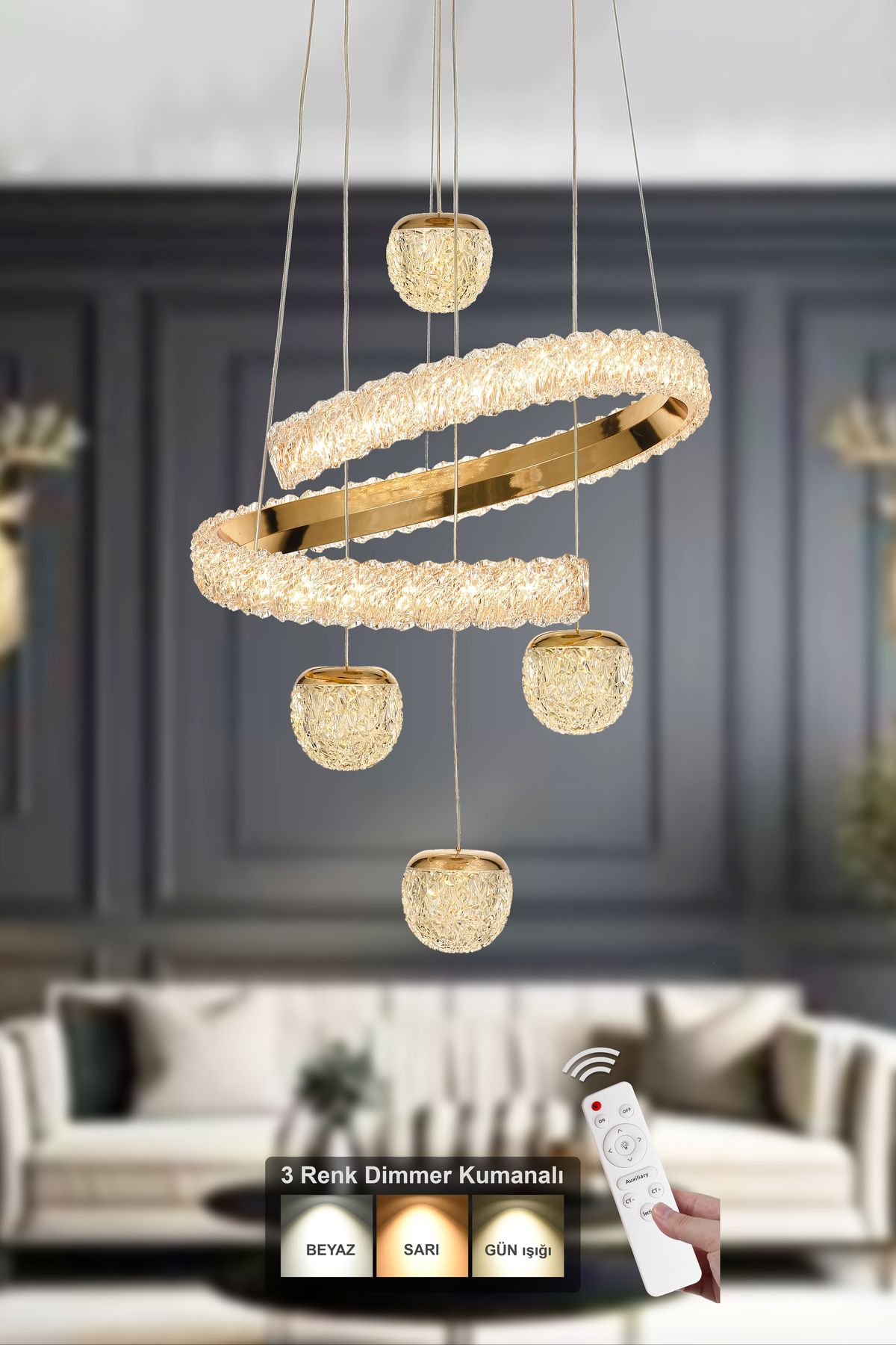 Avizemoda Milly 4'lü Dimmer Kumandalı 3 Renk Ledli (SARI-BEYAZ-GÜN IŞIĞI) Modern Akrilik Avize -gold