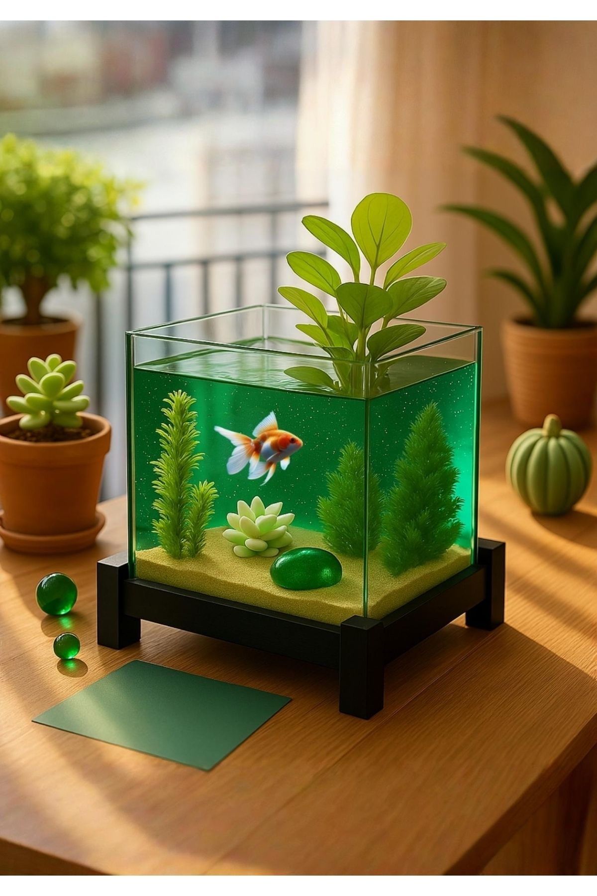 MDİZMİR Lüks Akvaryum Mobilyalı Teraryum Habitat Fanus Yaşam Alanı Masaüstü Nano Mini Küçük Akvaryum
