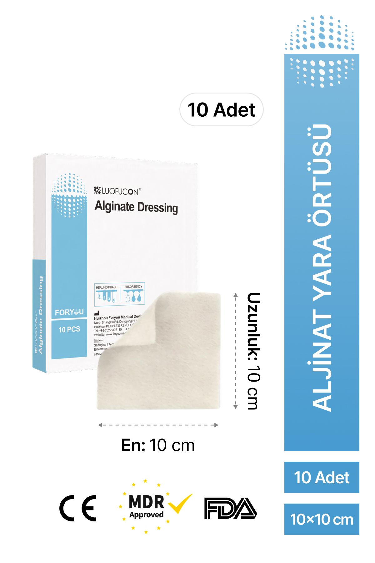 luofucon Aljinat Yara Örtüsü Hidrofibriler Yüksek Emici Pansuman 10x10 cm (10 ADET)