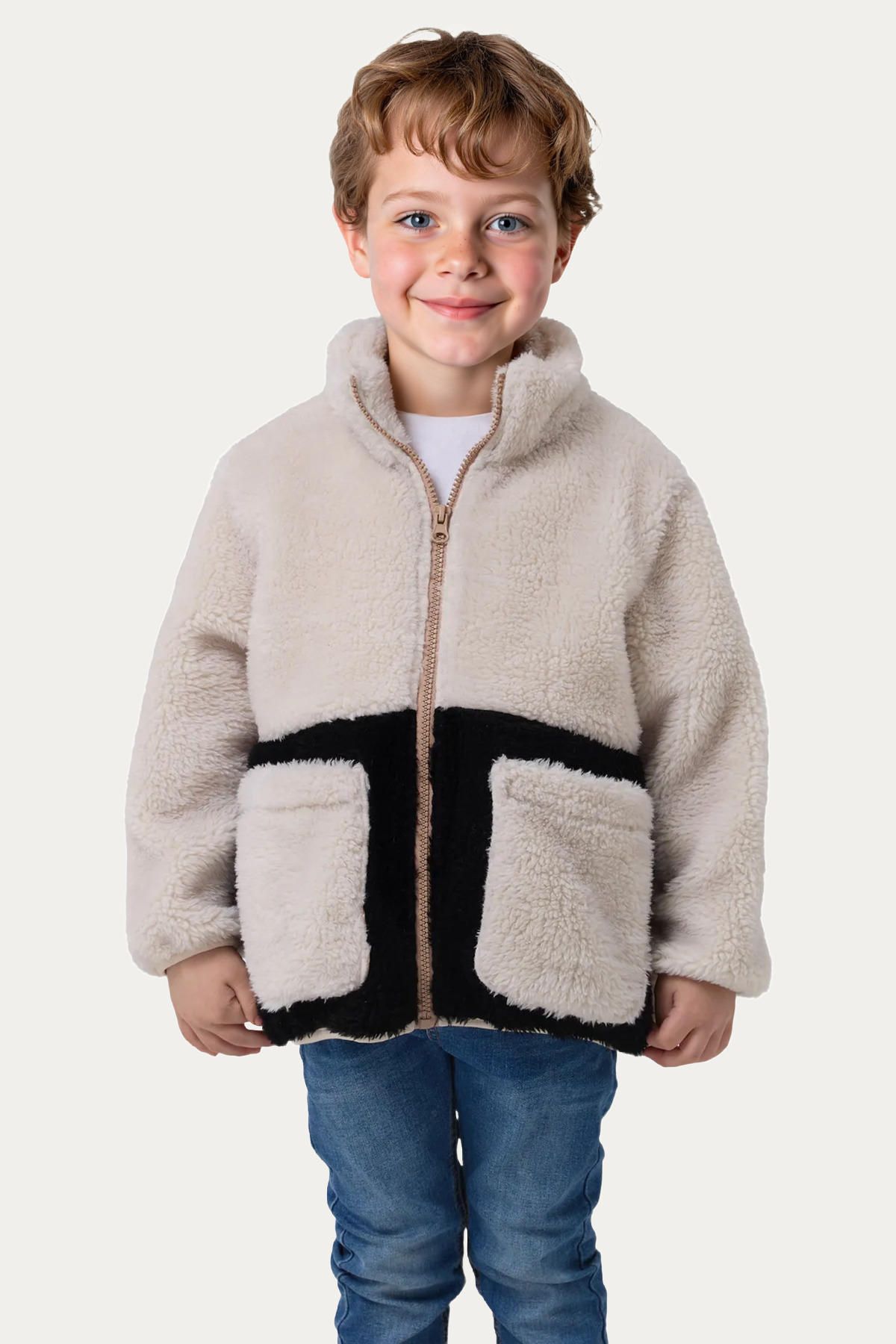  کاپشن زمستانی پسرانه مخمل خواب‌دار مشکی روشن ول‌سافت با جیب و زیپ