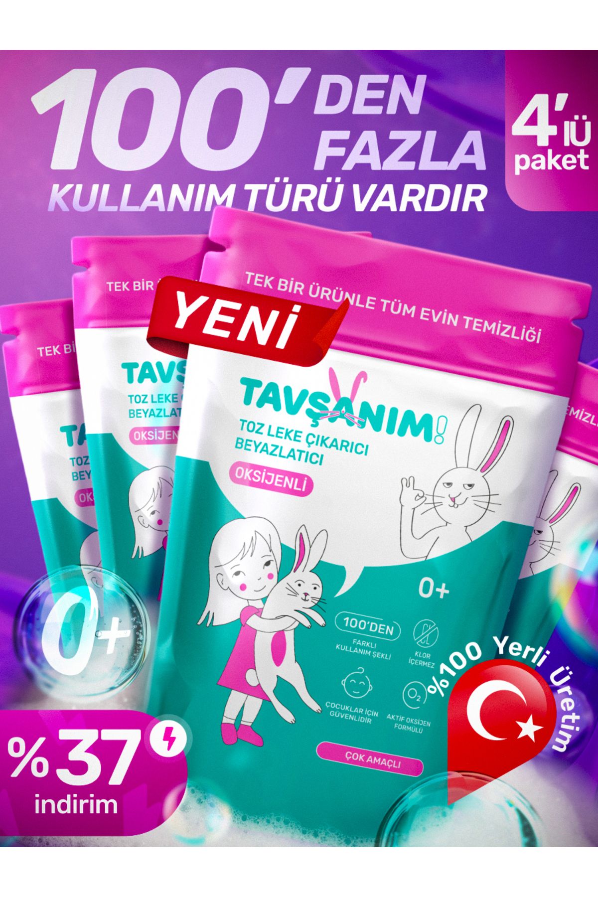 TAVŞANIM! Çok Amaçlı Oksijenli Toz Leke Çıkarıcı Ve Beyazlatıcı 4x800g