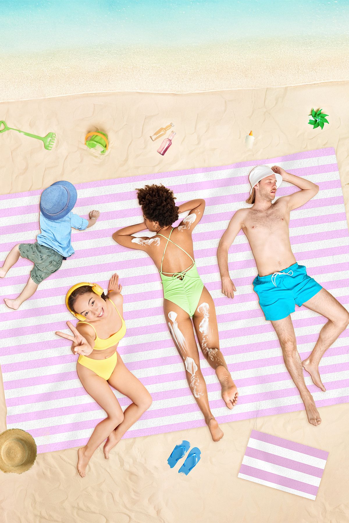 VEVİEN HOME Pembe Çizgili Dijital Baskılı 150x220 Cm Aile Boyu Plaj Havlusu Kum Geçirmez
