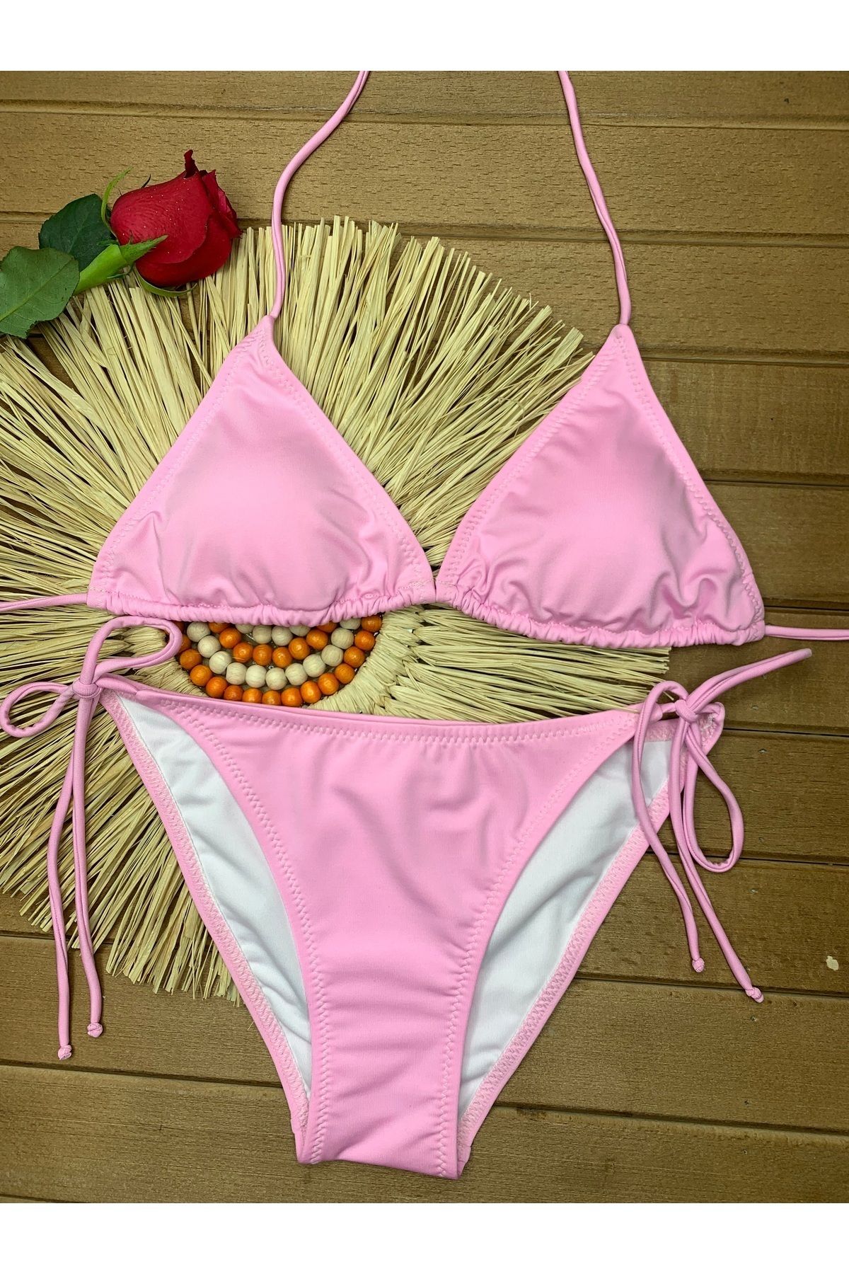 XORVİO Kadın Likralı Esnek Yandan Ve Boyundan Bağlamalı Şık Ipli Üçgen Açık Pembe Bikini Takım