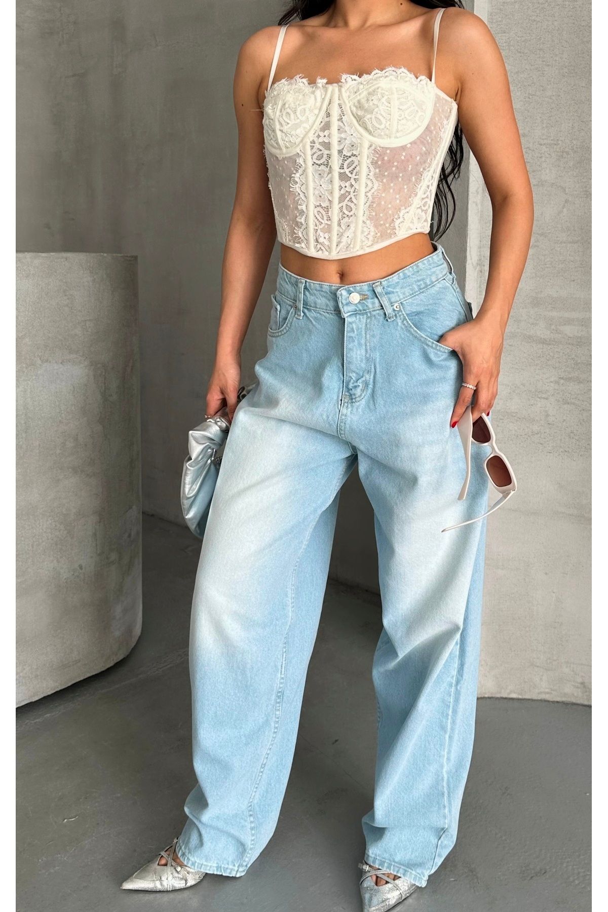 DESTEMODA Kadın Baggy Kot Taş Enzim Kimyasal Bıyık Yıkama Pantolon Buz Mavi 4002