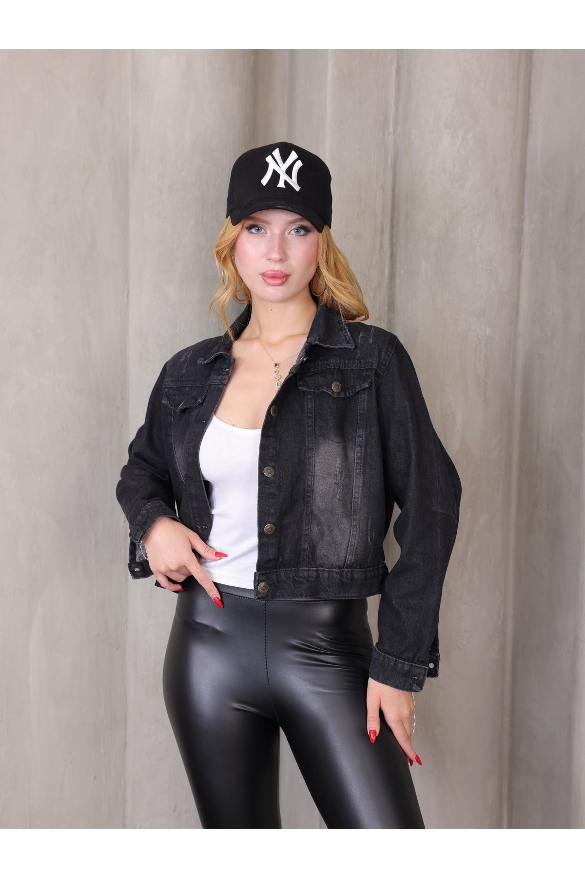 MISS MERCAN Kadın kot Ceket Düğmeli Kısa Likralı Denim