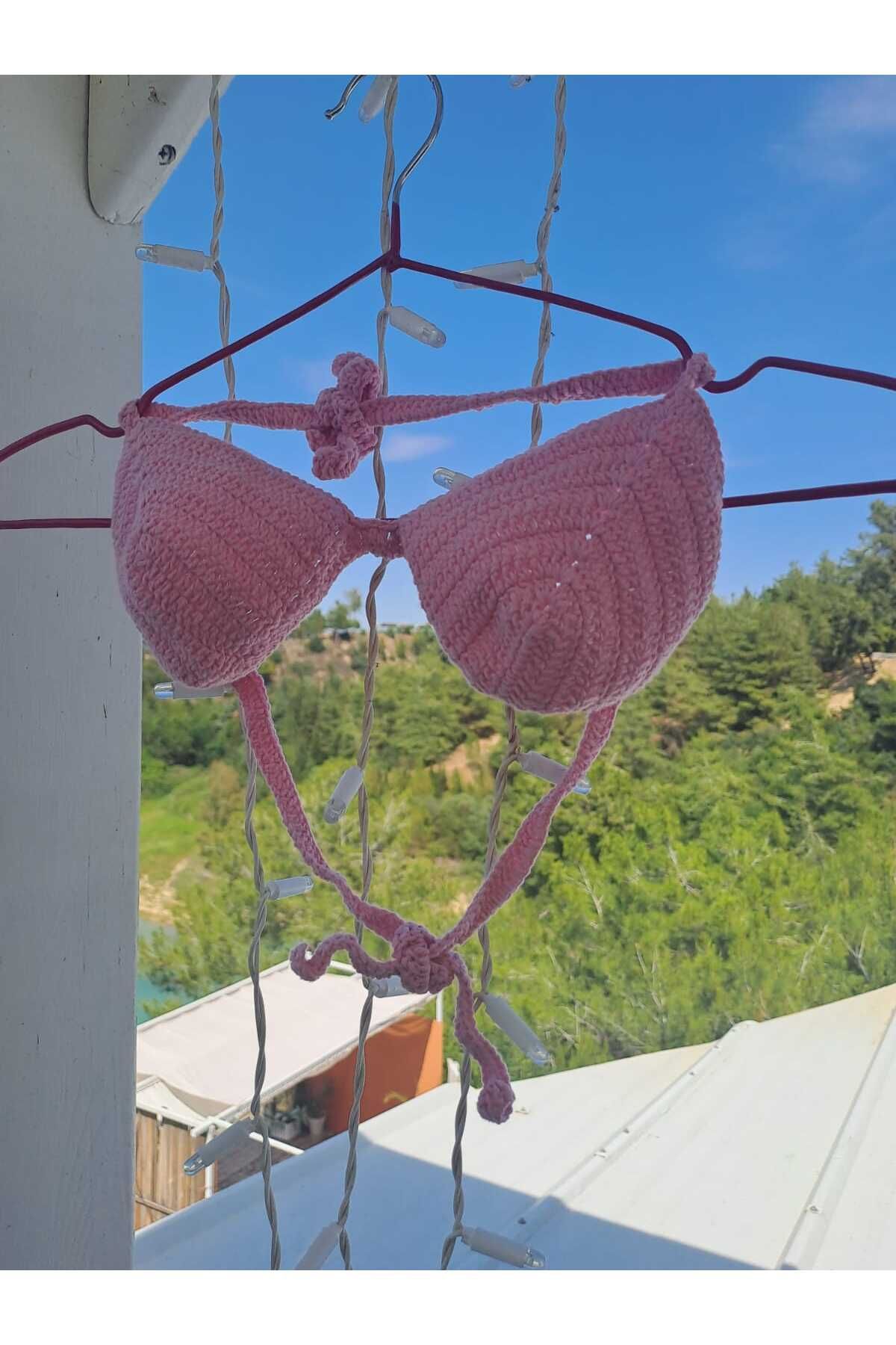özlemmmoda Bikini Üstü Bağlama Detaylı Pembe El Örgüsü