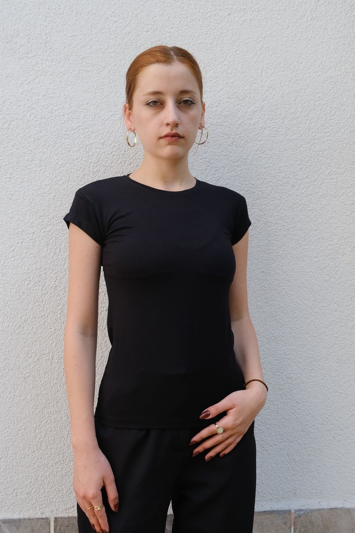 moda felinya Kadın Siyah Bisiklet Yaka Kısa Kollu Body