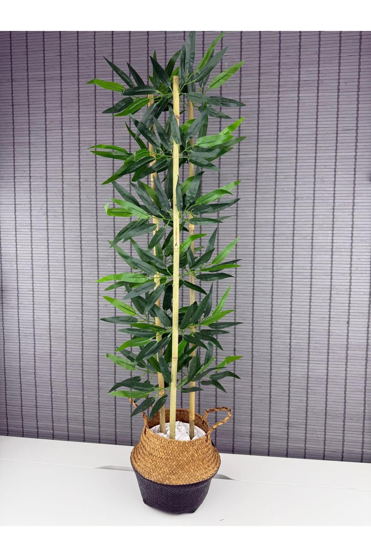 Bahçem Dekoratif Yapay Yapraklı Natural-Siyah Hasır Bambu Sepetli Dekoratif Bambu Ağacı 100cm