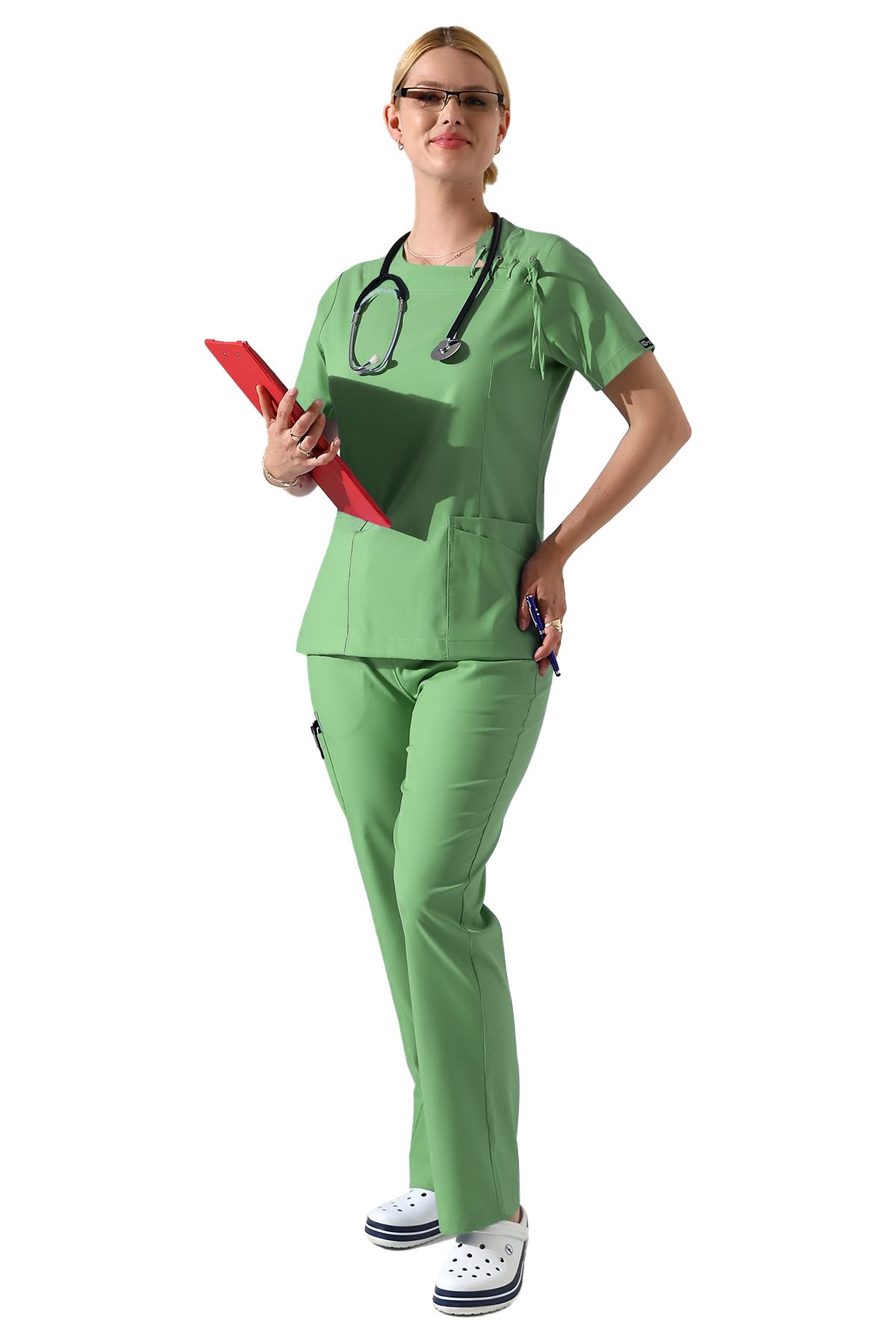 BEDUCA Mint Yeşili Likralı Yaka Detaylı Scrubs Takımı, Estetisyen Ve Güzellik Merkezi Kıyafeti