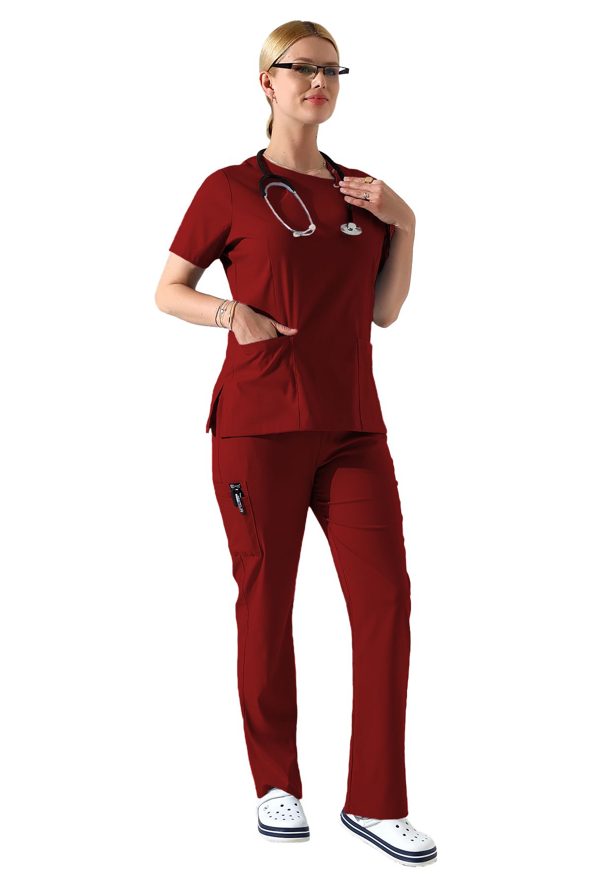 BEDUCA Bordo Likralı Yaka Detaylı Hemşire Scrubs Takımı, Estetisyen Ve Güzellik Merkezi Kıyafeti